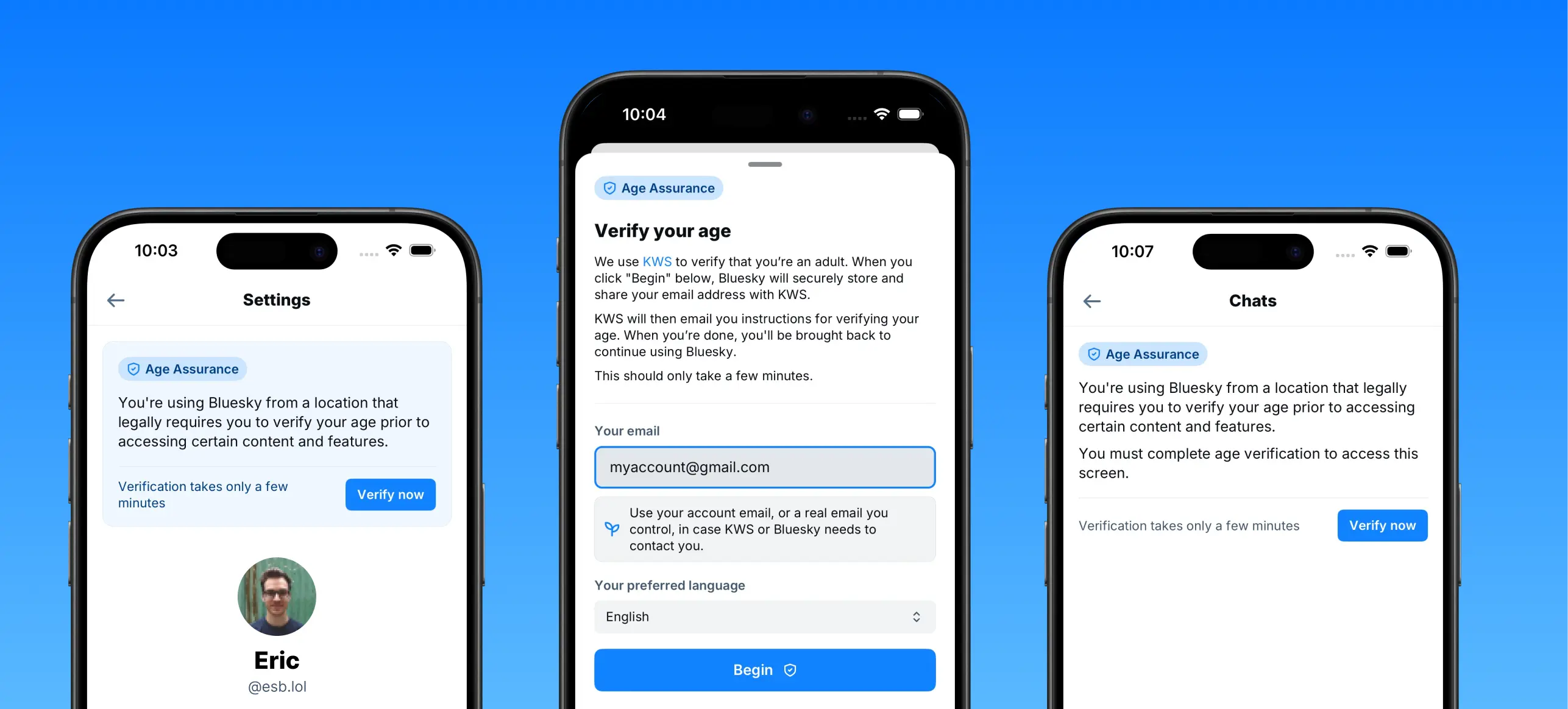 Three screenshots of our iOS app. Two showing a notice that the user will need to complete an age verification flow before accessing content, and the third showing the form to initiate this verification flow.