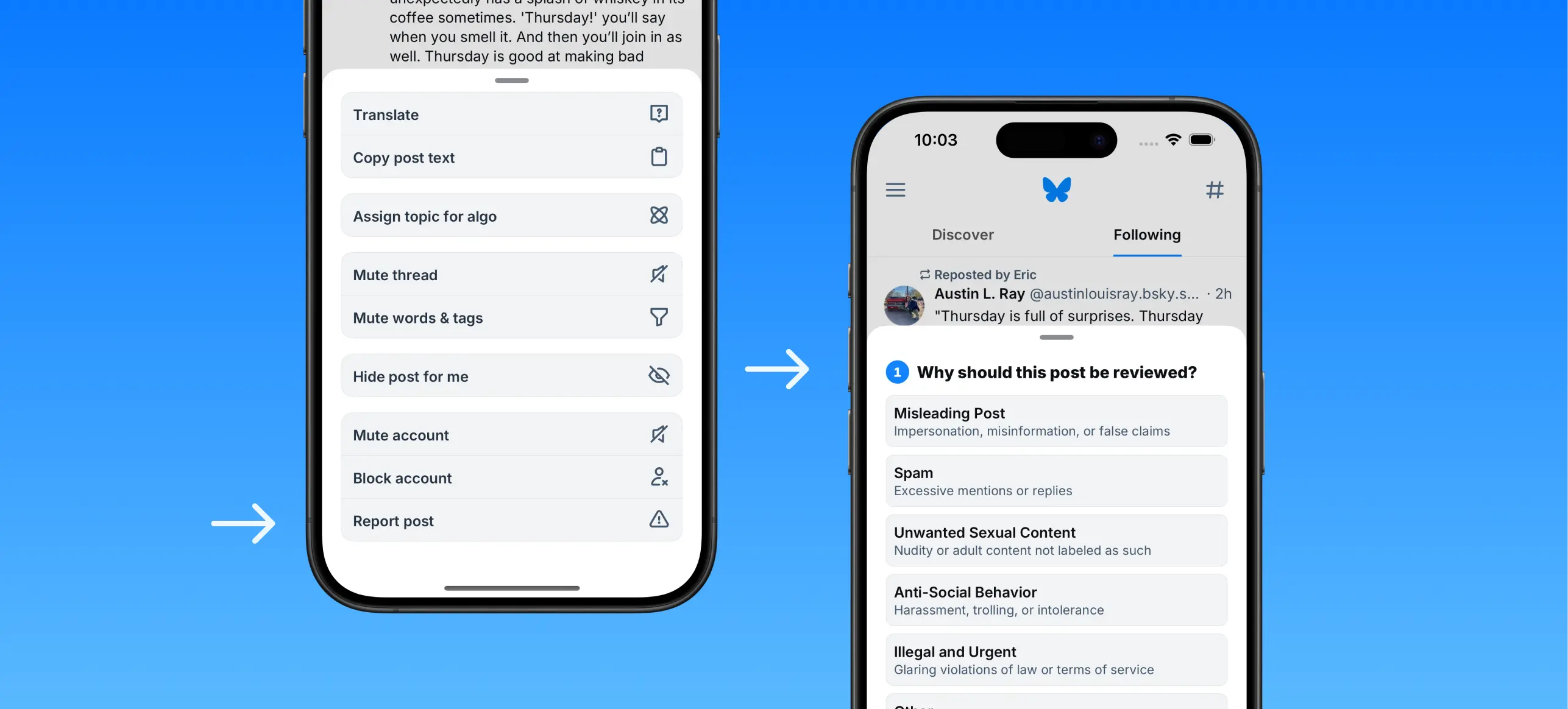 Two screenshots, one showing the button to press to report content, and the other showing the form used to gather information about the reported content.