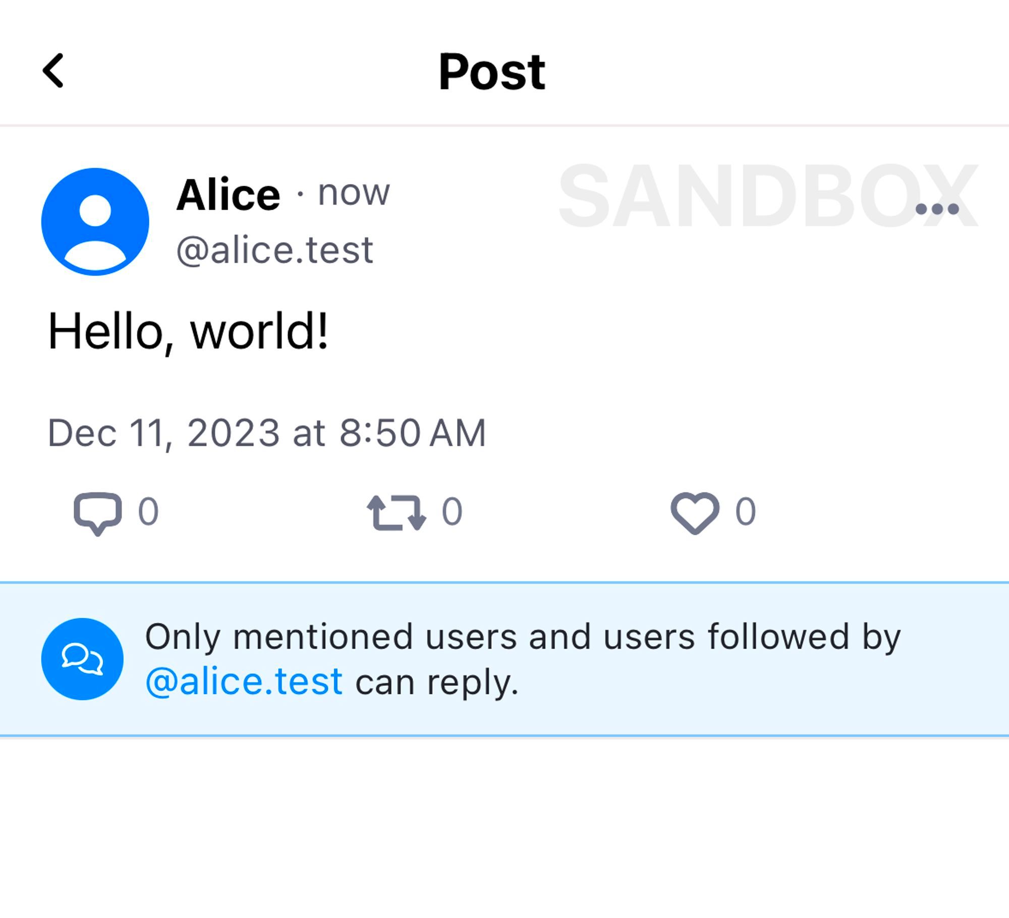 mobile app screenshot showing reply control notice box