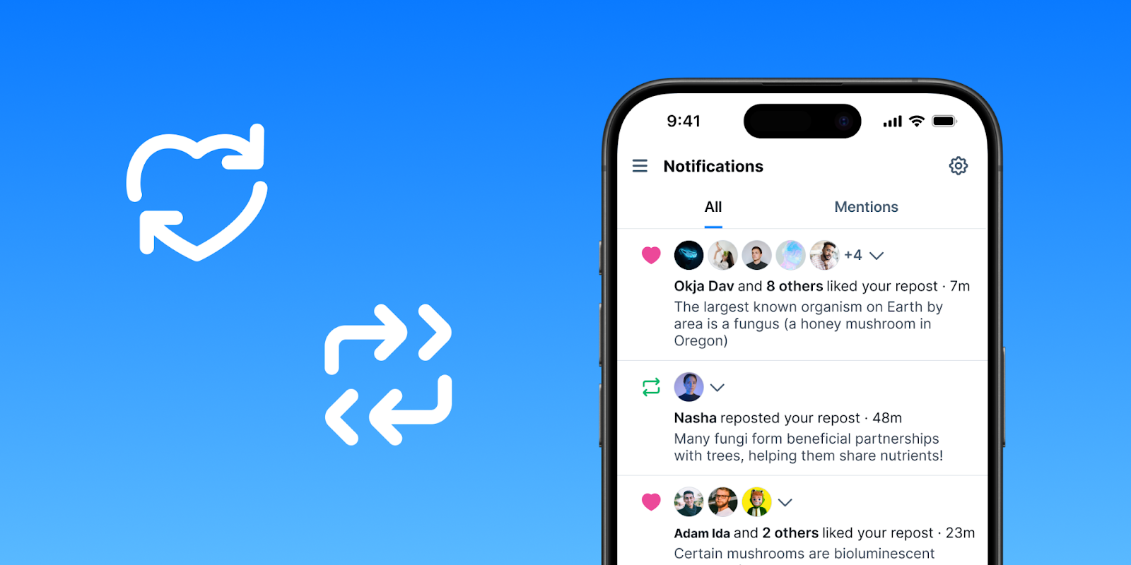 A screenshot of the notifications page demonstrating likes on reposts