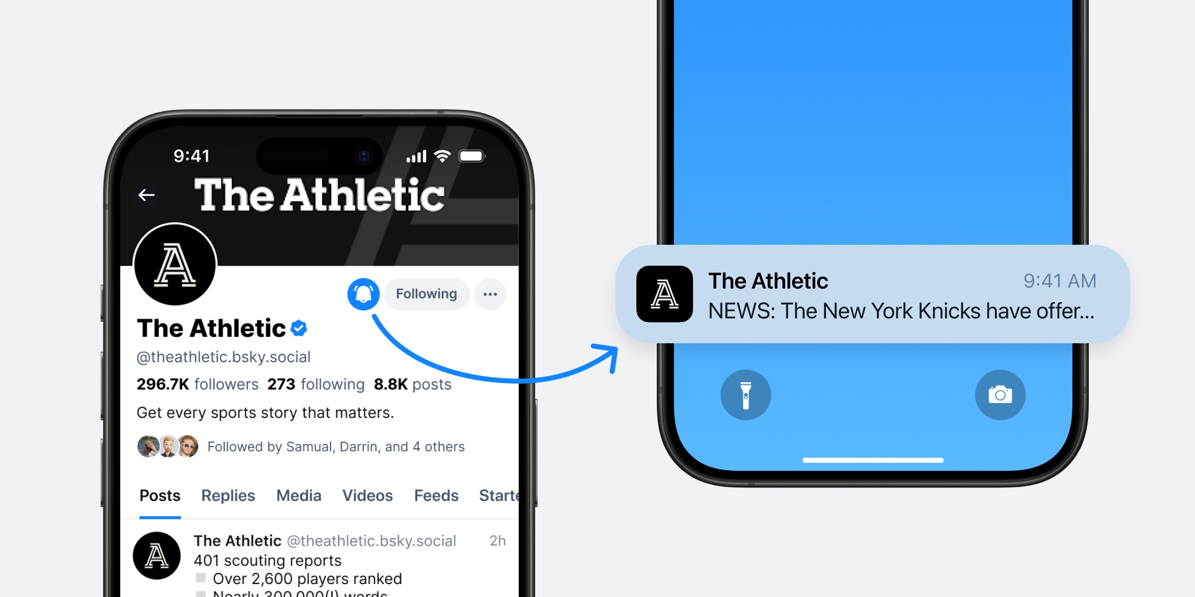 A graphic demonstrating activity notifications, showing that pressing the bell on a user profile will result in push notifications for their posts.