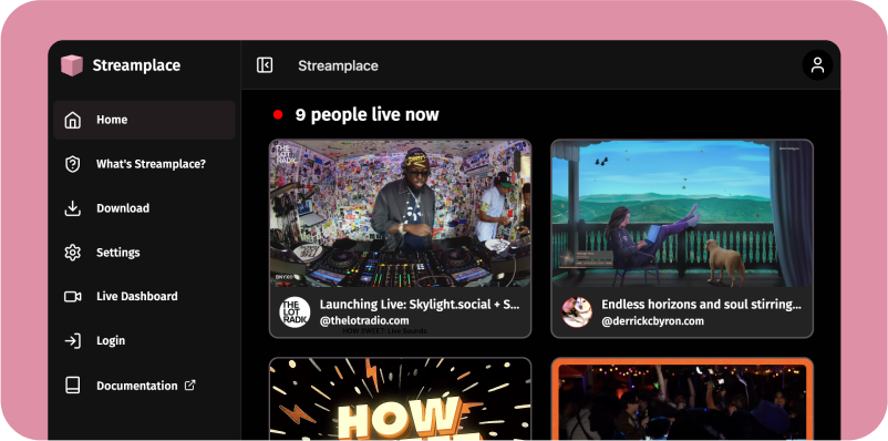 The user interface of Streamplace, showing a collection of available streams.