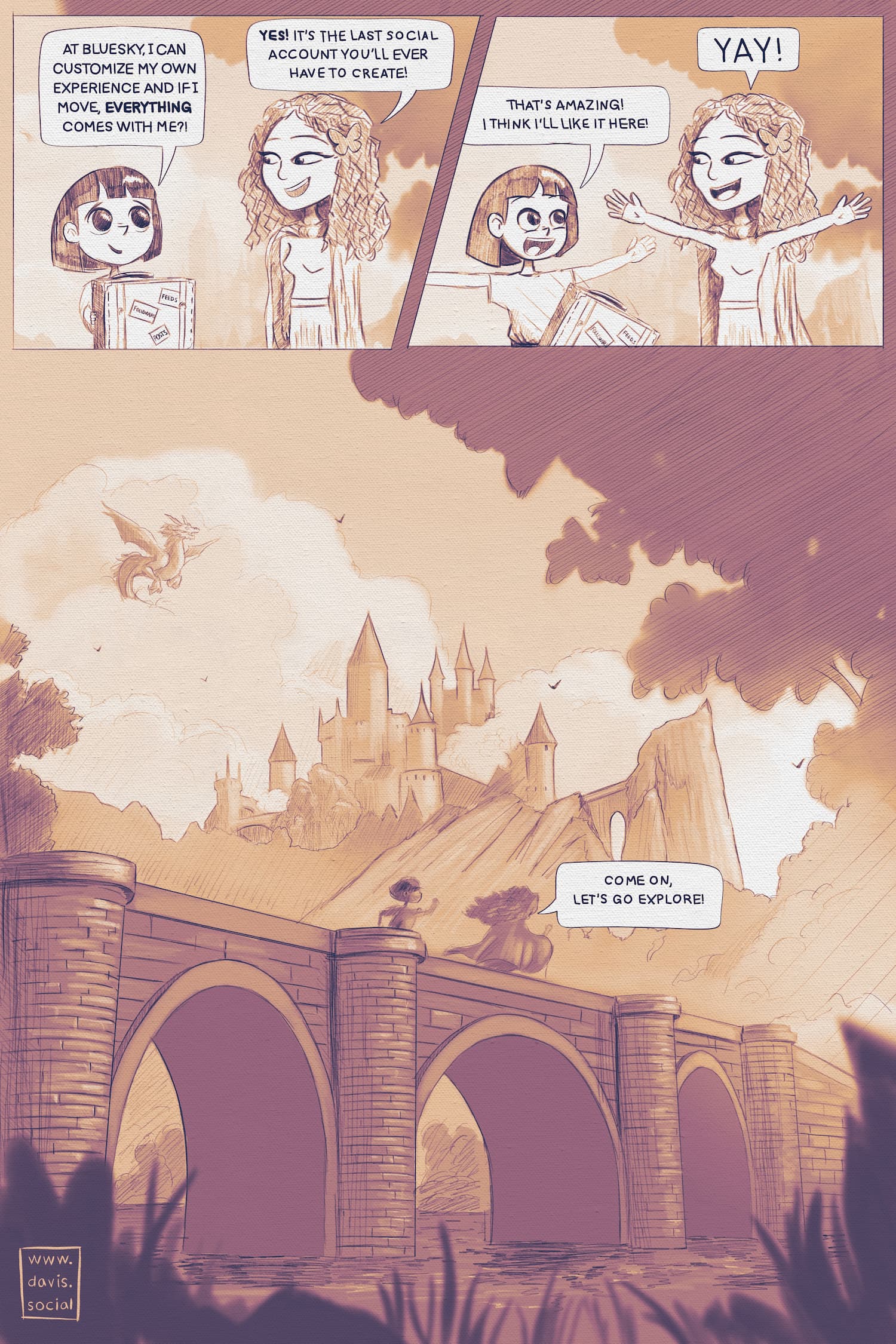 A multi-panel comic. One character says, 'At Bluesky, I can customize my own experience and if I move, everything comes with me?!' Jay smiles and says, 'Yes, it's the last social account you'll ever have to create!' The two run across a bridge towards a magical mountainside. They say, 'Come on, let's go explore!'
